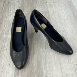 Vintage Natural Sport Leather Navy Blue Almond Toe Pump High Heel 7.5